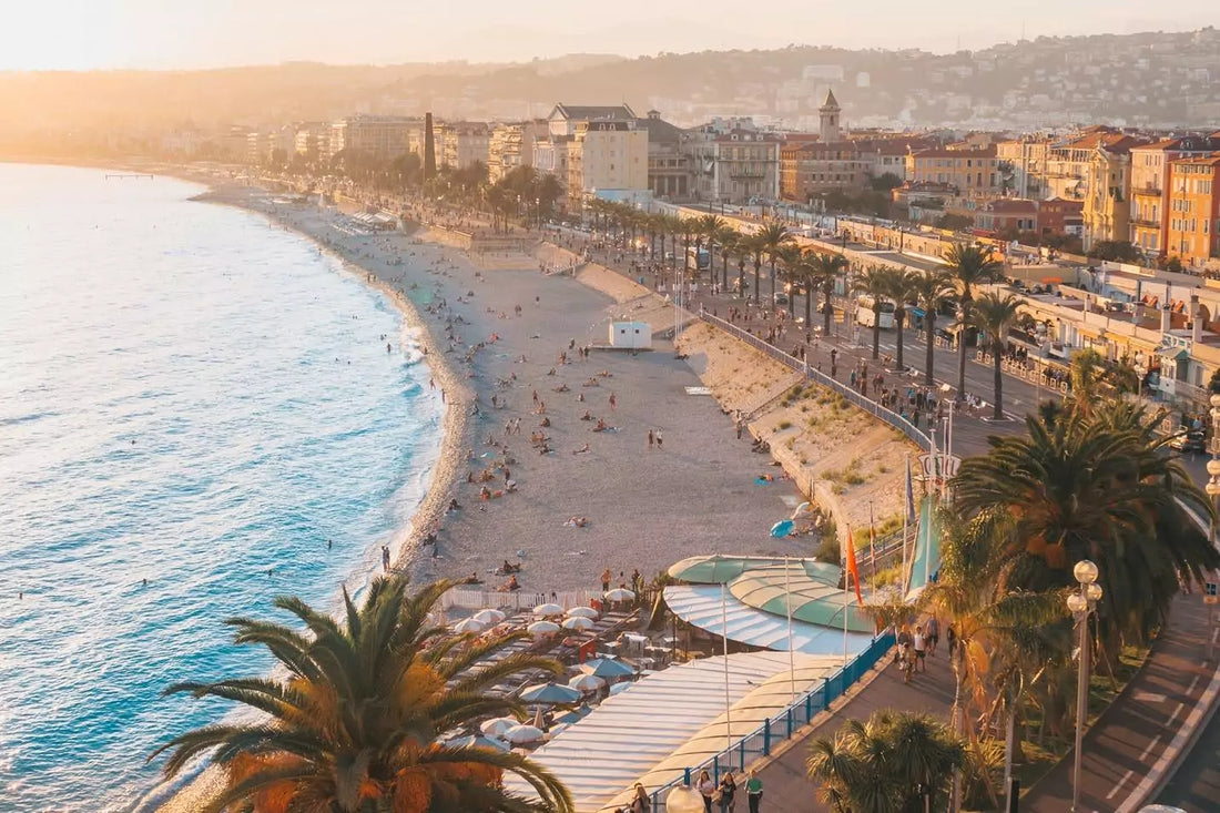 Aerial view of Nice European beach at dusk